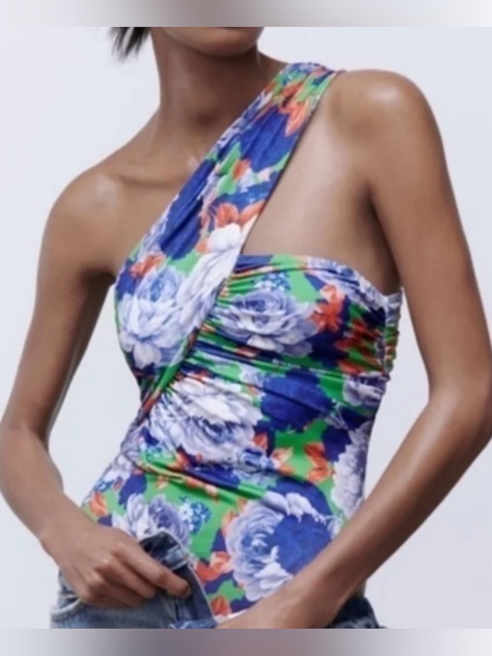 Zara One-Shoulder Floral Bodysuit in Blue & Green